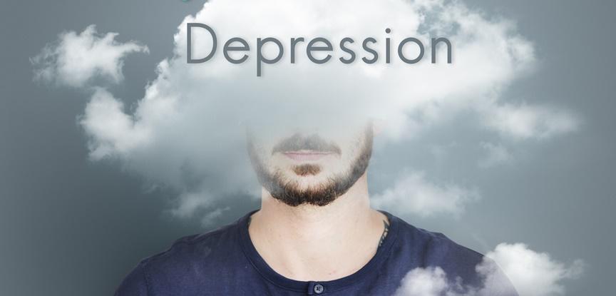 foto de homem com a fumaça em cima da cabeça escrito depressão