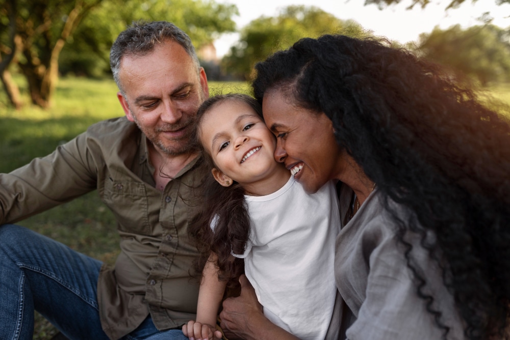 Foto de uma família. A mãe, o pai e a criança estão felizes e sorrindo, sentados em algum parque.